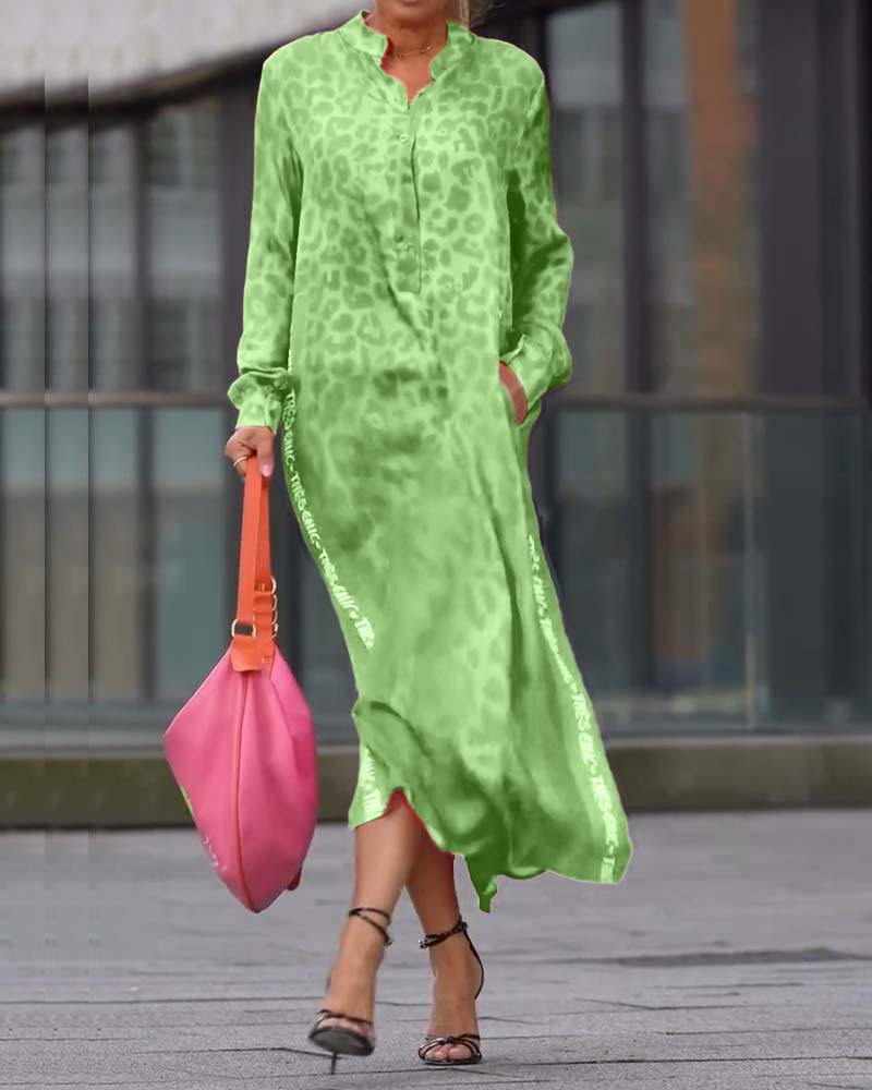 Leopardenmuster Langarmkleid mit Schlitz