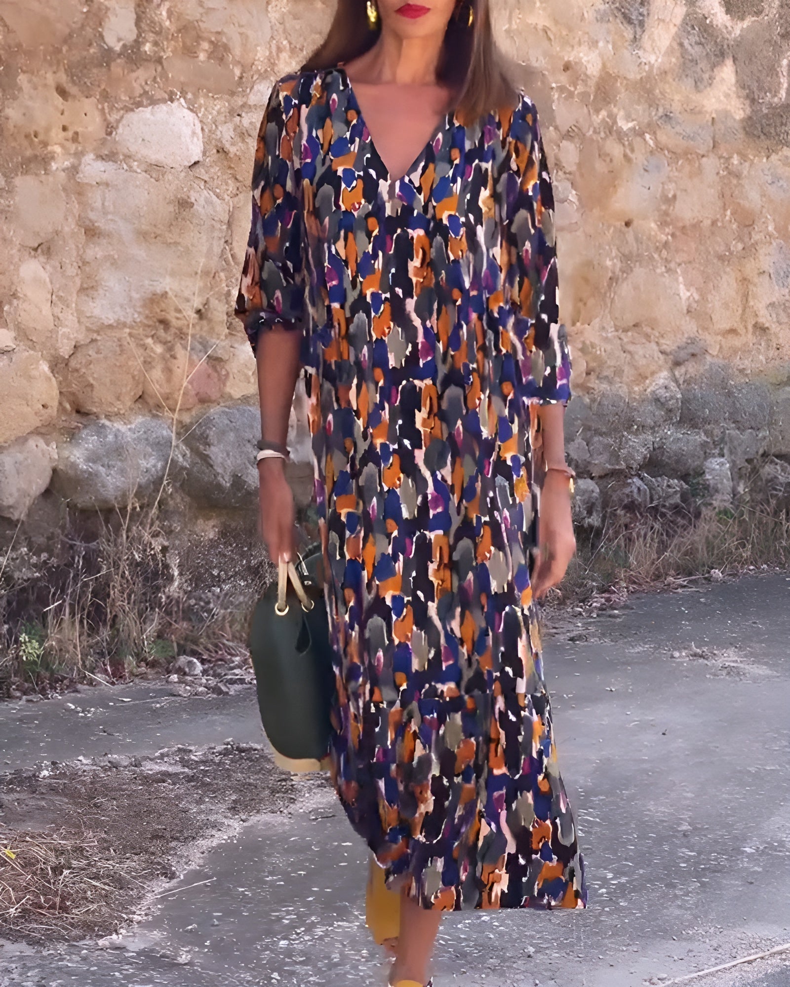 VIOLETTA | Lange V-Ausschnittkleid mit Retro-Muster fĂĽr eleganten Komfort zu jedem Anlass