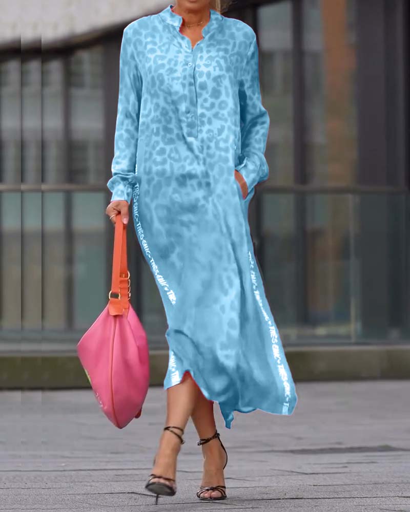 Leopardenmuster Langarmkleid mit Schlitz