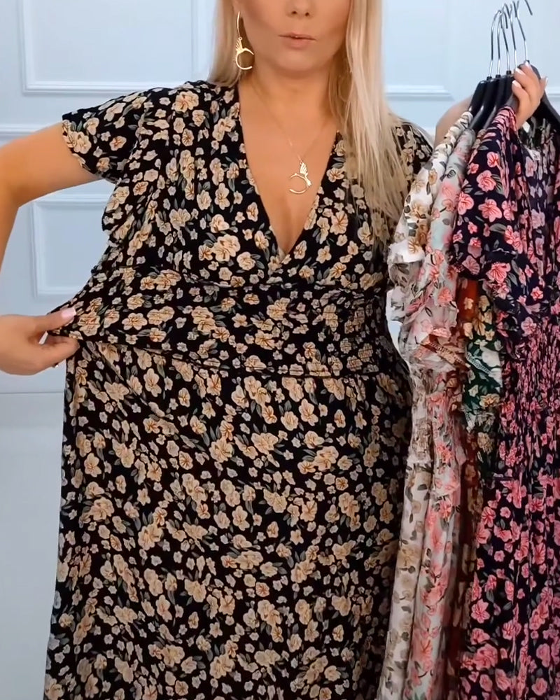 Lässiges Blumendruckkleid mit V-Ausschnitt