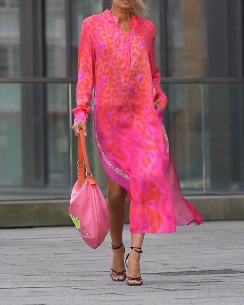 Leopardenmuster Langarmkleid mit Schlitz