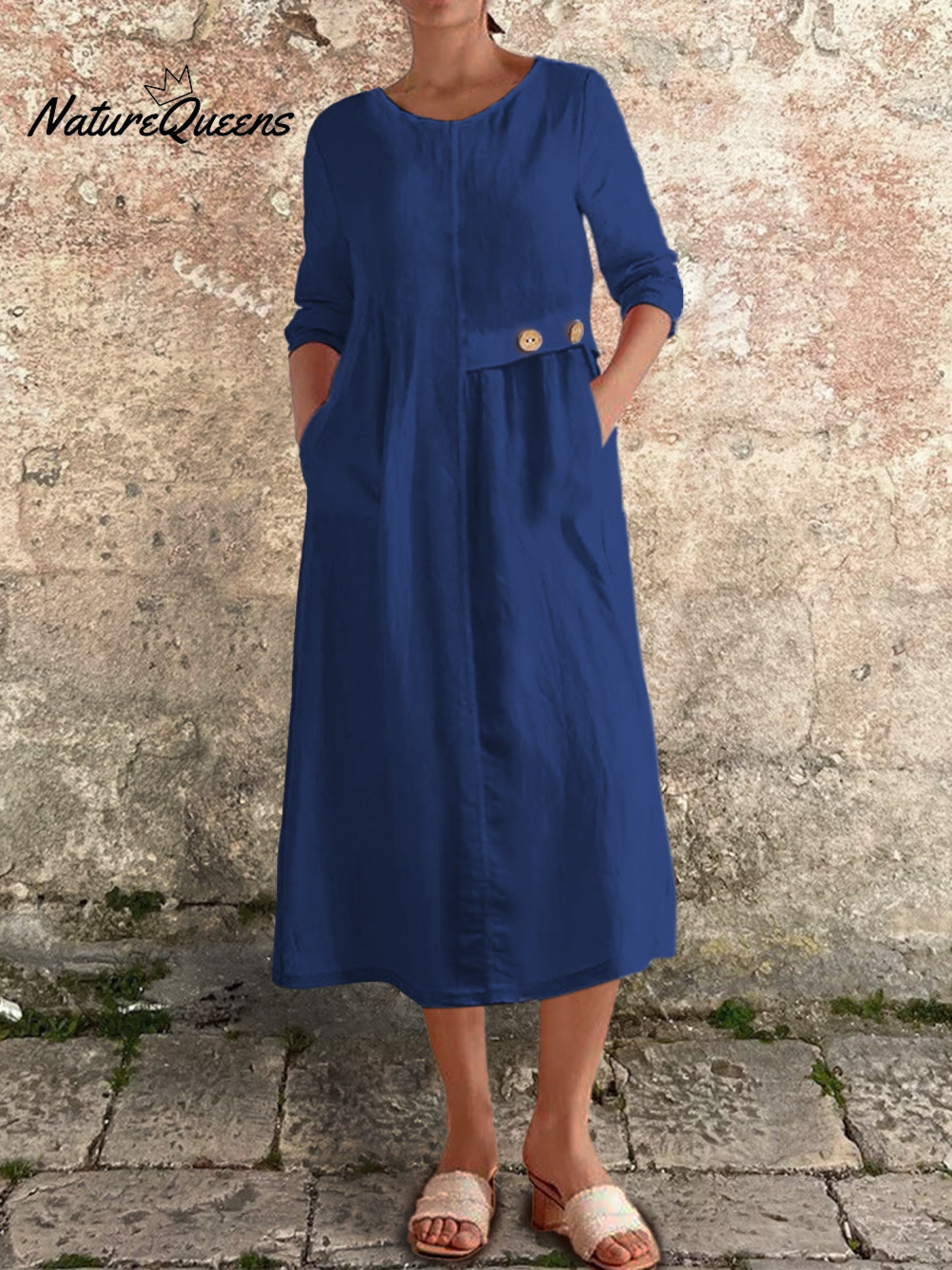 Baumwoll-Leinen-Kleid mit 3/4-Ärmeln und Taschen für Damen