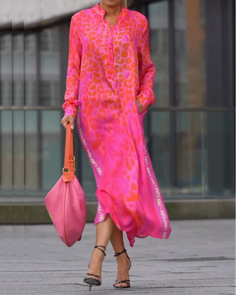 Leopardenmuster Langarmkleid mit Schlitz