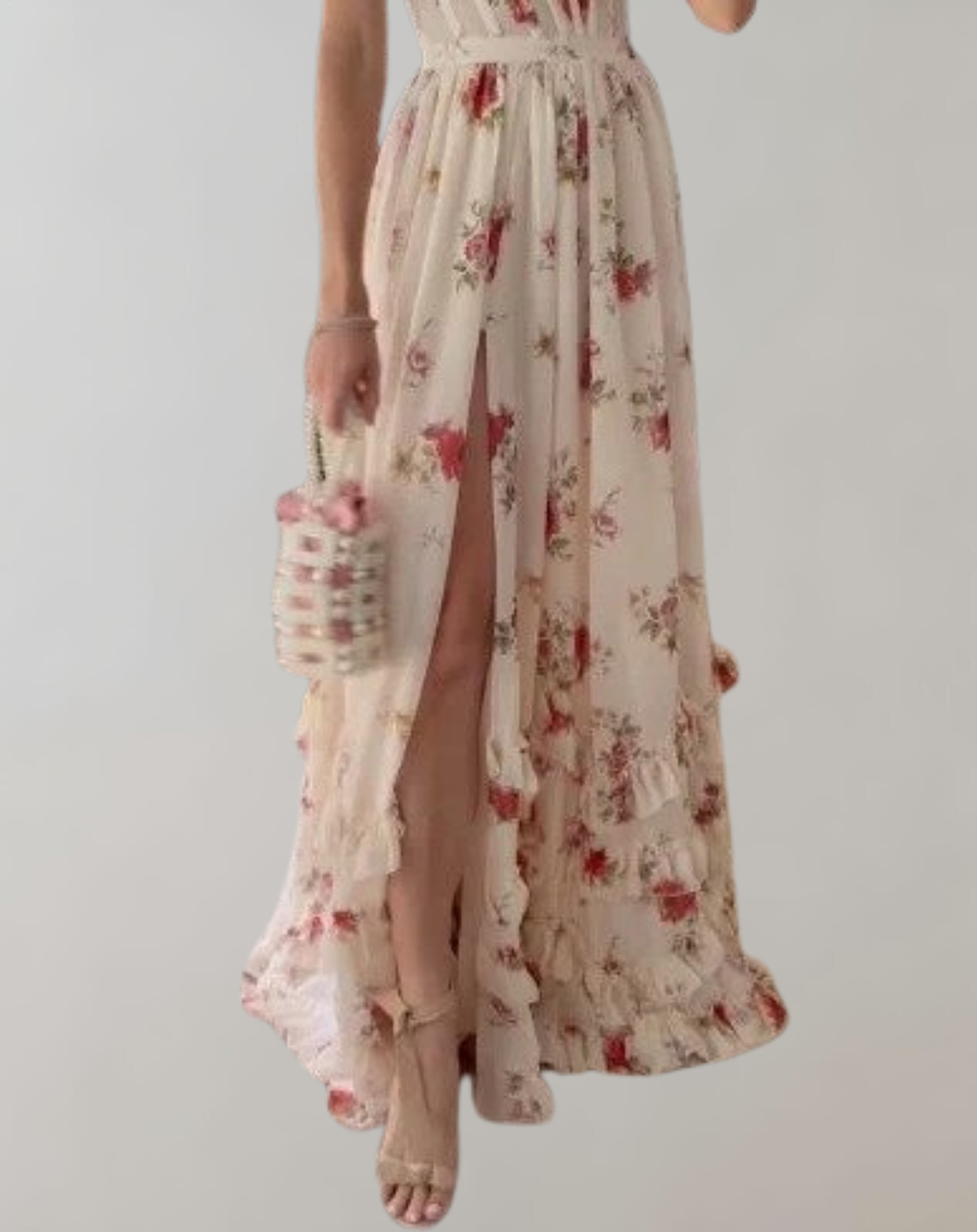 Elva - Ärmelloses, tailliertes Kleid mit Blumendruck und sexy Beinausschnitt