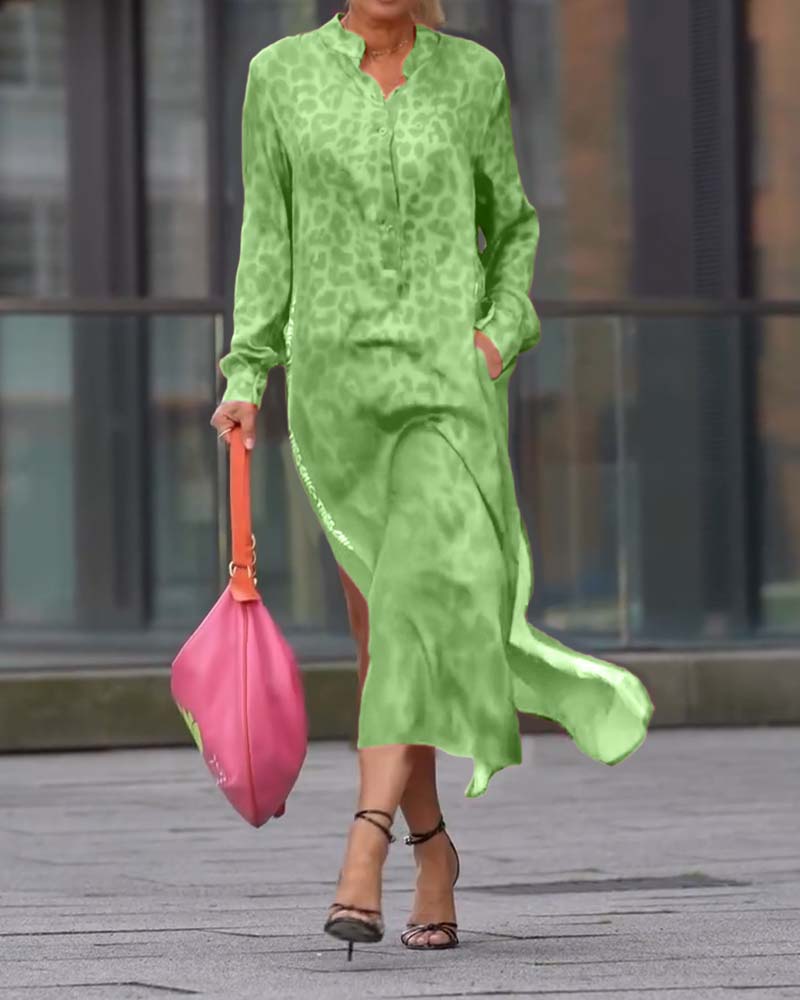 Leopardenmuster Langarmkleid mit Schlitz