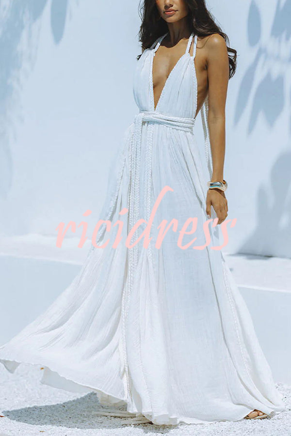 Skye – Drapiertes Maxikleid aus Leinenmischung mit tiefem V-Ausschnitt, Neckholder und rückenfreiem Überzug