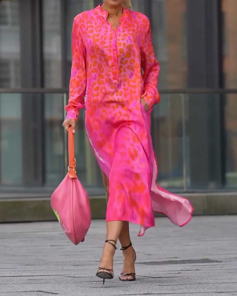 Leopardenmuster Langarmkleid mit Schlitz