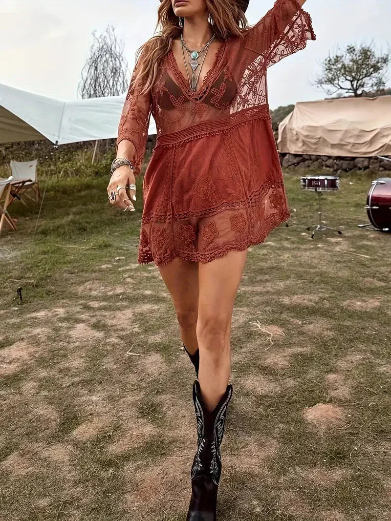 Lila - Cover Up Lace Durchschauen Cover Up Kleid Boho-Stil