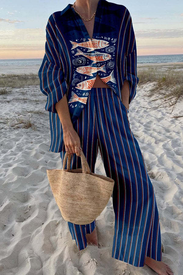 Zairine⢠| Leinen-Set mit blauem Koi-Druck