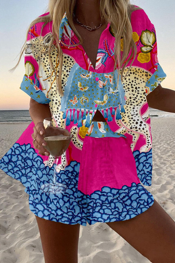 Belina™ | Kurzes Leinen-Outfit mit Schmetterlingsdruck