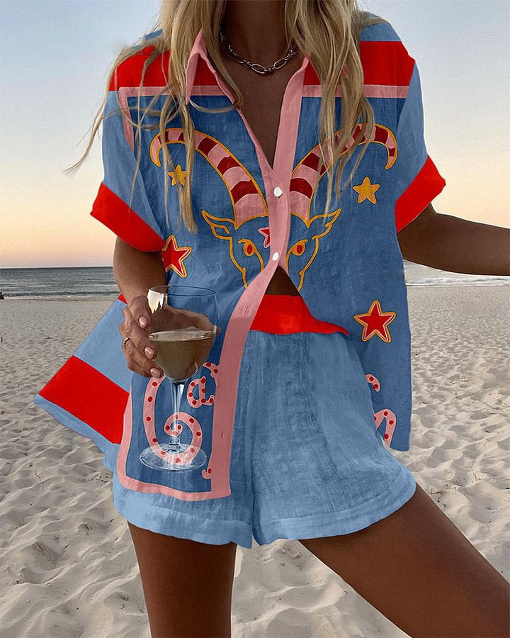 Jorelle™ | Kurzes Leinen-Outfit mit Ziegenmuster