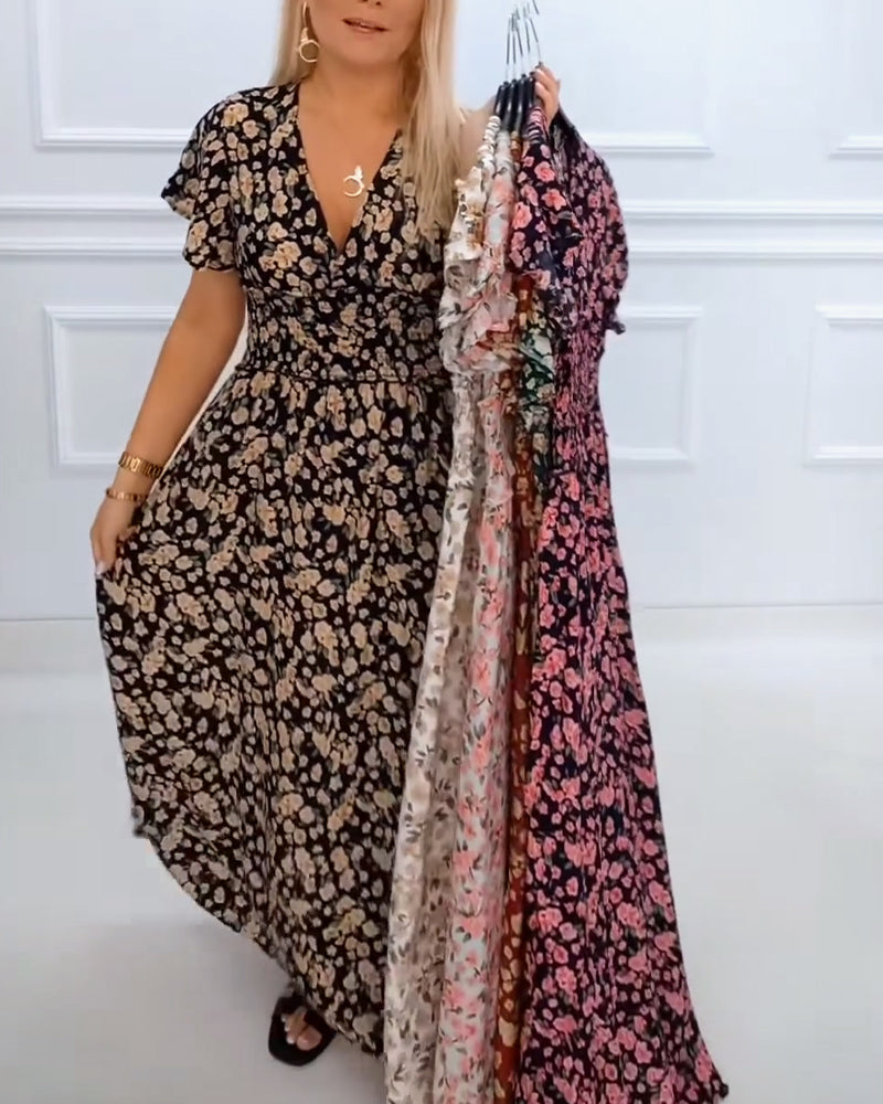 Lässiges Blumendruckkleid mit V-Ausschnitt