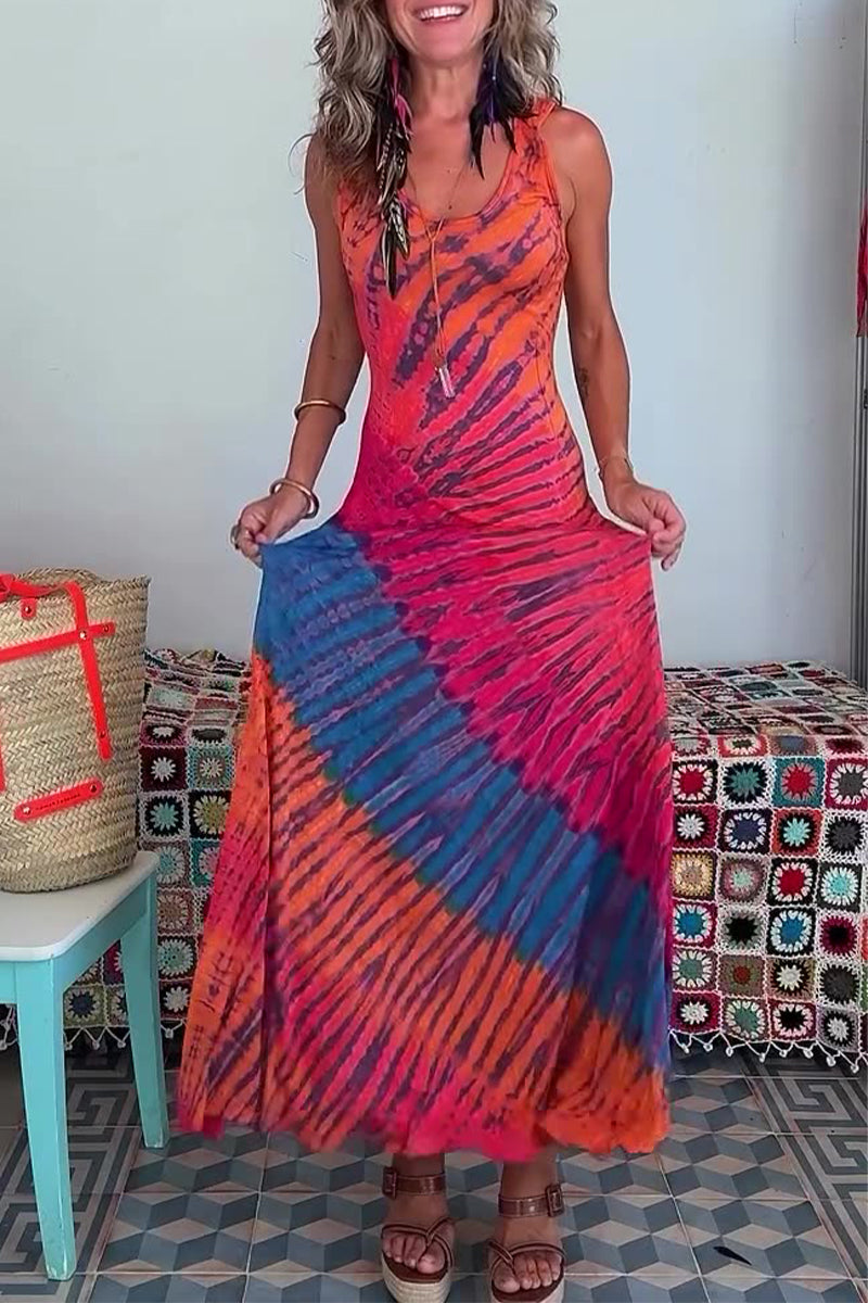 Chloe - Sexy Urlaubskleider mit Batikdruck und Trägerdesign und kontrastierendem Rundhalsausschnitt