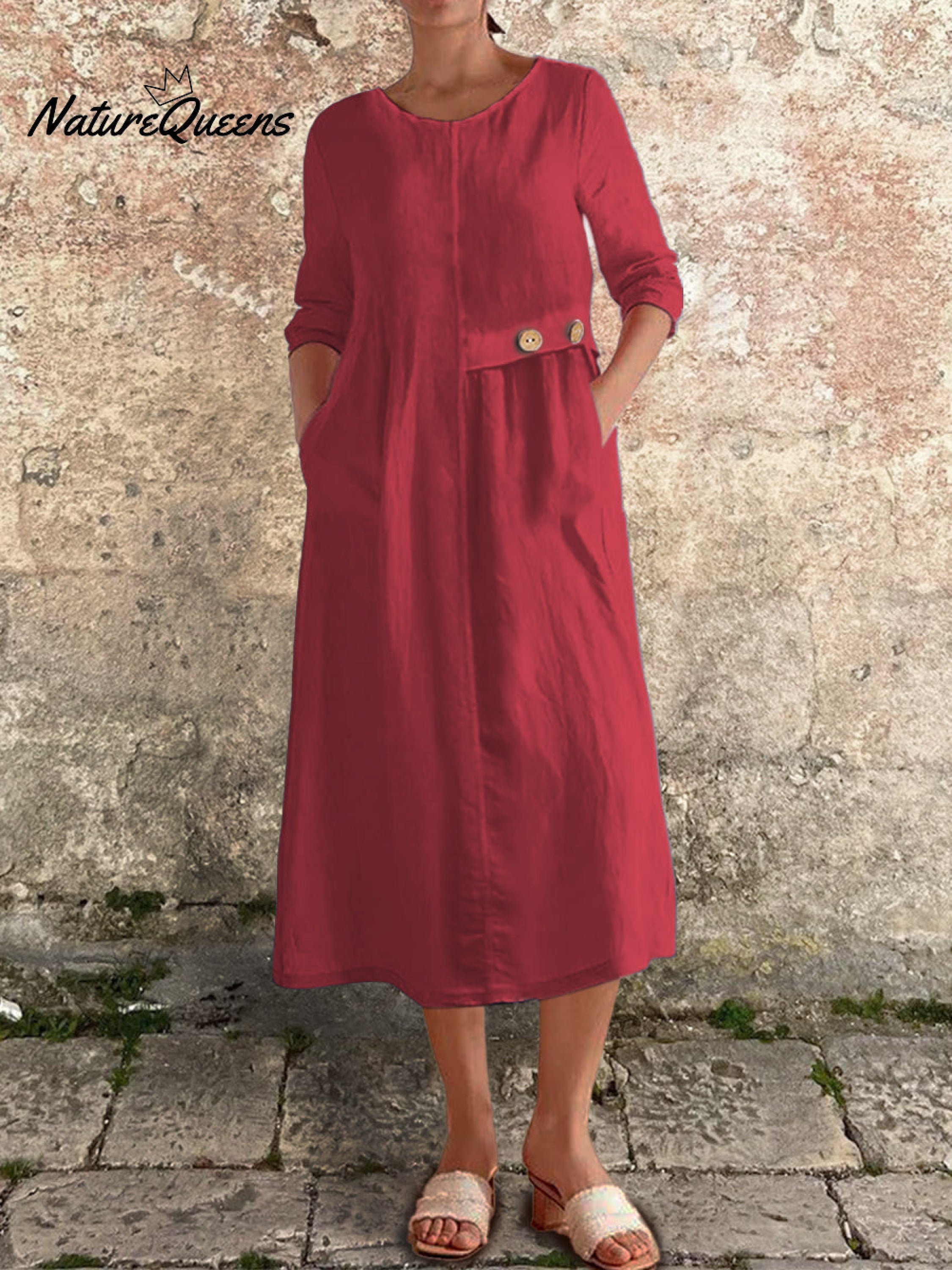 Baumwoll-Leinen-Kleid mit 3/4-Ärmeln und Taschen für Damen