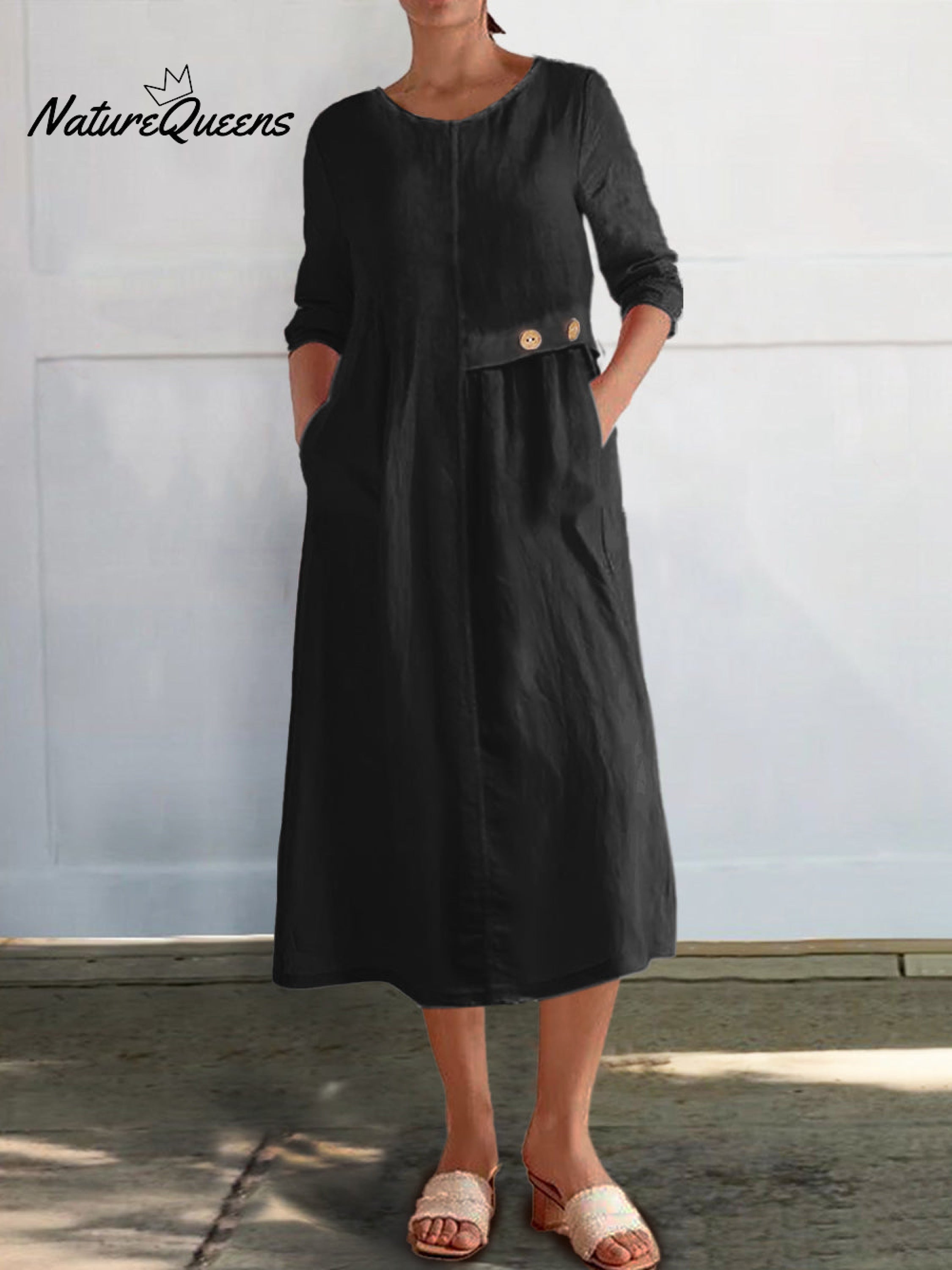 Baumwoll-Leinen-Kleid mit 3/4-Ärmeln und Taschen für Damen