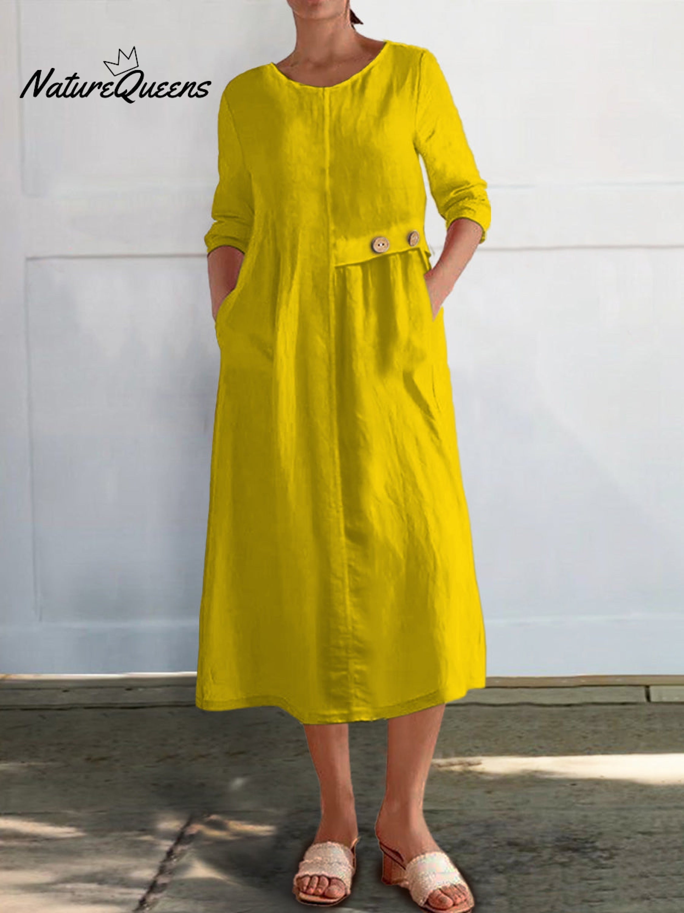 Baumwoll-Leinen-Kleid mit 3/4-Ärmeln und Taschen für Damen