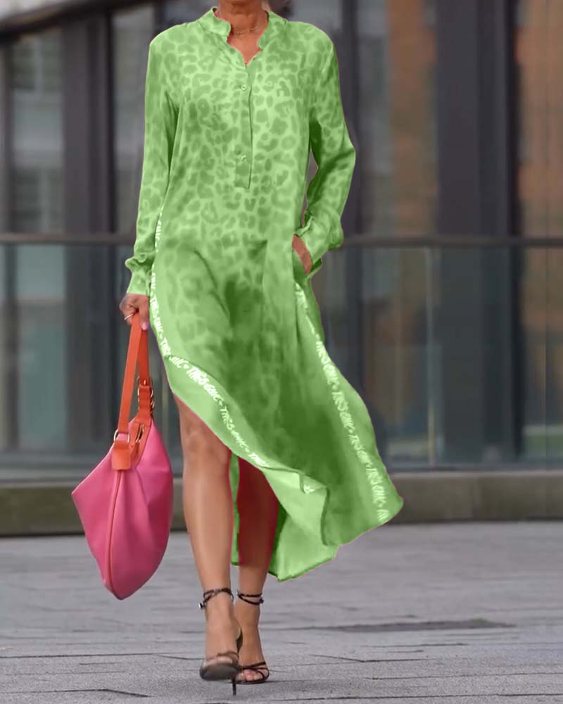 Leopardenmuster Langarmkleid mit Schlitz