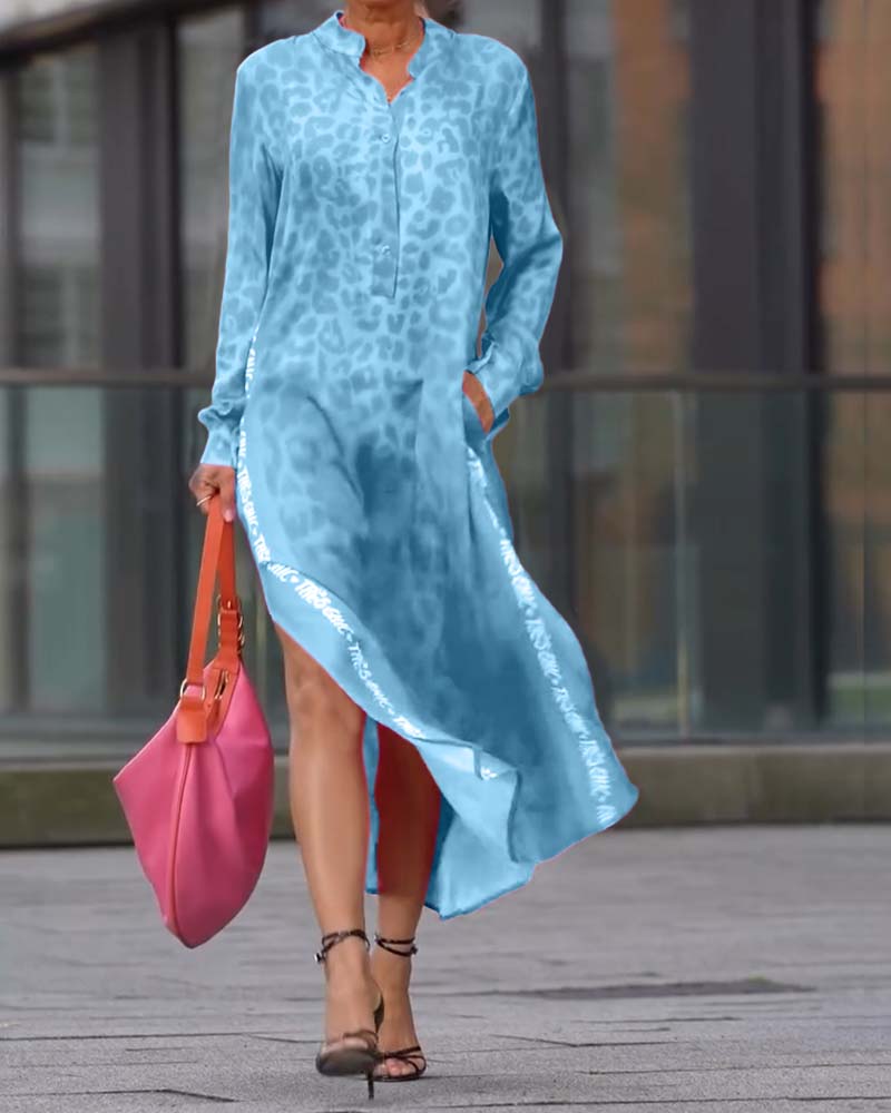 Leopardenmuster Langarmkleid mit Schlitz