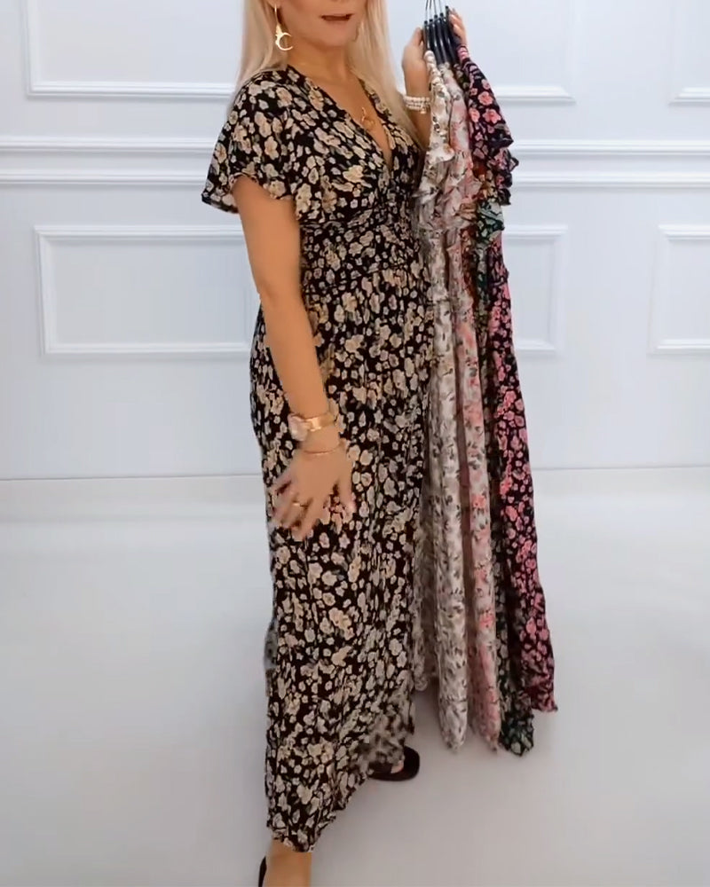 Lässiges Blumendruckkleid mit V-Ausschnitt