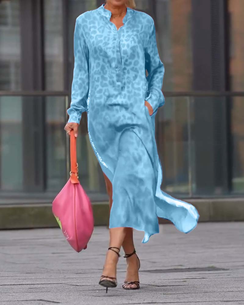 Leopardenmuster Langarmkleid mit Schlitz