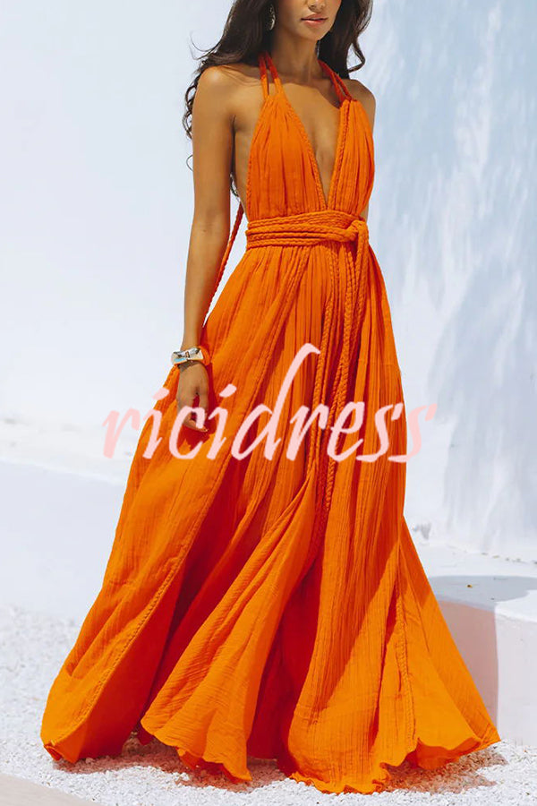 Skye – Drapiertes Maxikleid aus Leinenmischung mit tiefem V-Ausschnitt, Neckholder und rückenfreiem Überzug