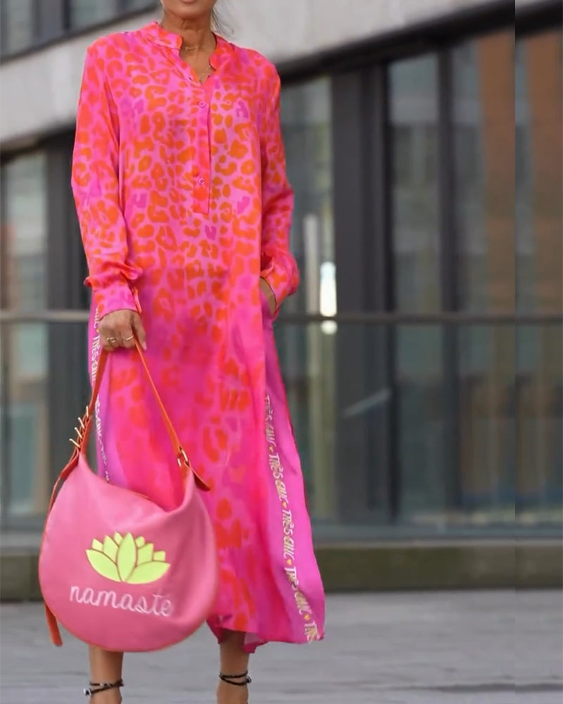 Leopardenmuster Langarmkleid mit Schlitz