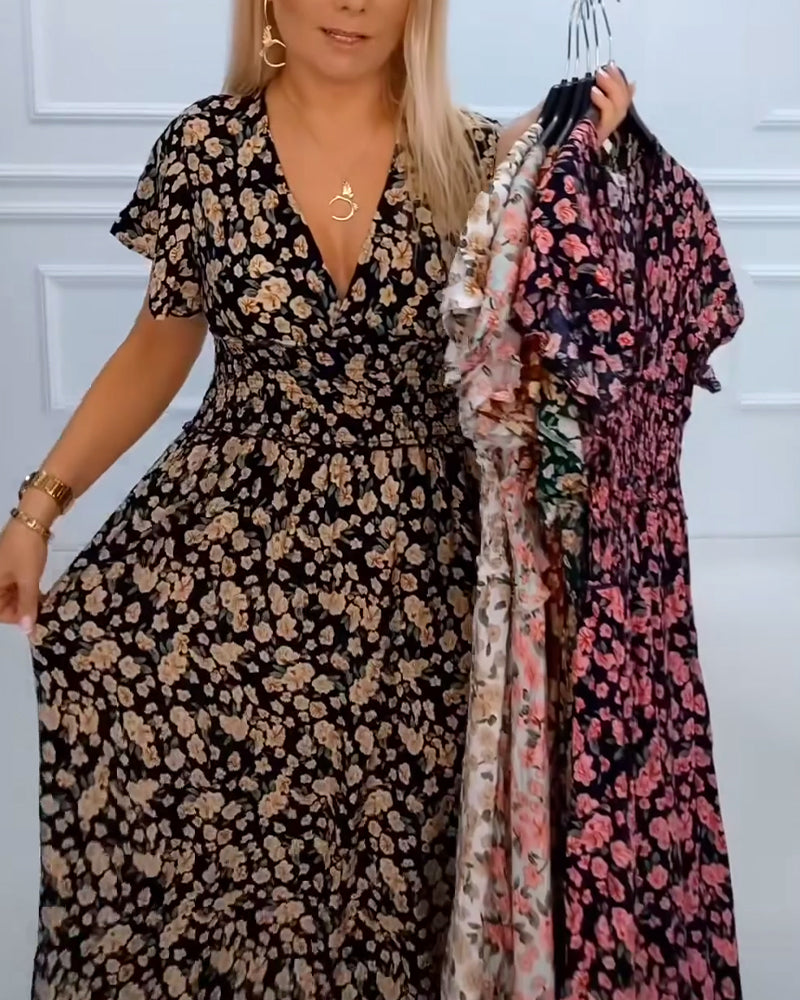 Lässiges Blumendruckkleid mit V-Ausschnitt