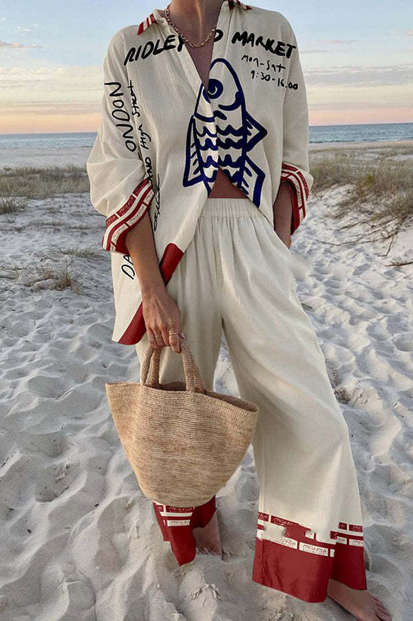 Rounelle™ | Komplett aus Leinen mit Druck von blauen Fischen