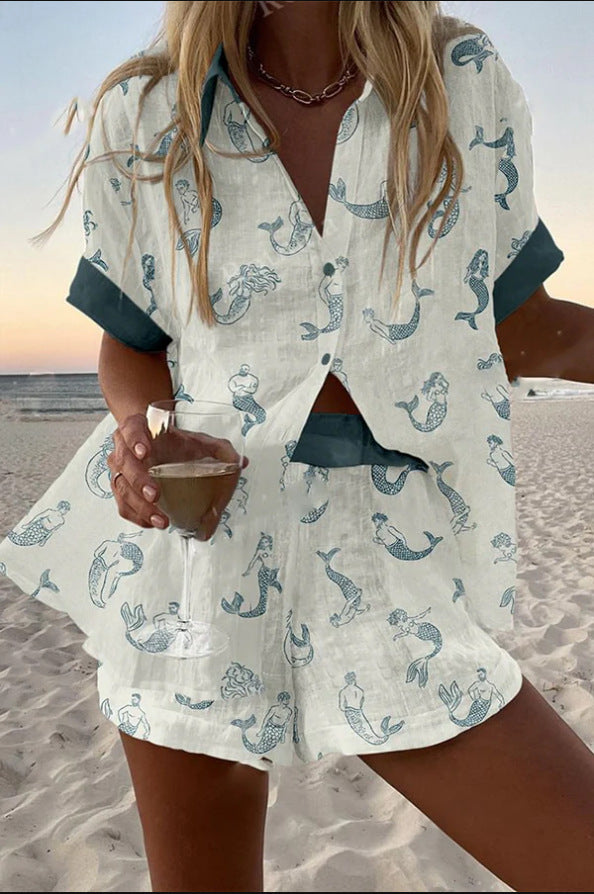 Jalira™ | Kurzes Leinen-Outfit mit Meerjungfrauen-Druck