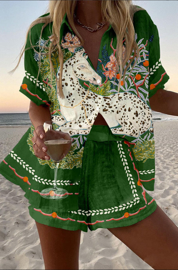 Céphira™ | Kurzes Leinen-Outfit mit Pferdedruck