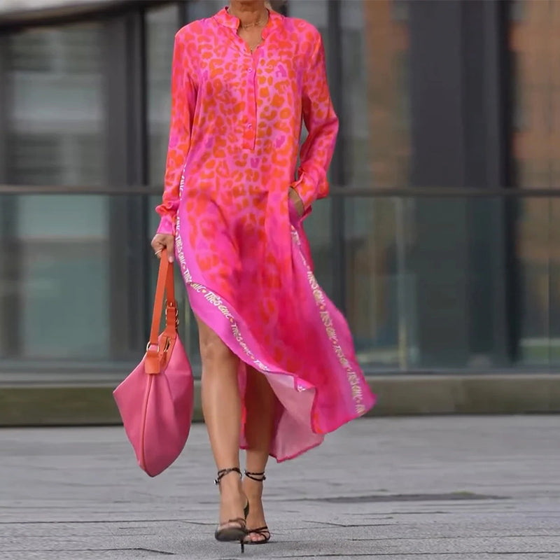 Leopardenmuster Langarmkleid mit Schlitz