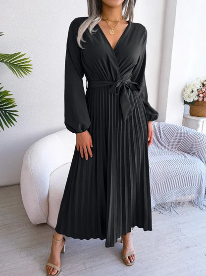 Daisy - Damen V-Ausschnitt Plissiertes Maxikleid Langarm