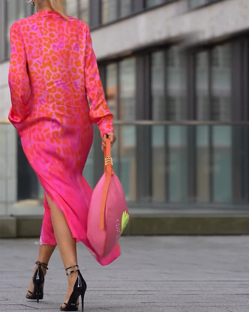 Leopardenmuster Langarmkleid mit Schlitz