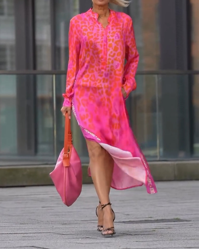 Leopardenmuster Langarmkleid mit Schlitz